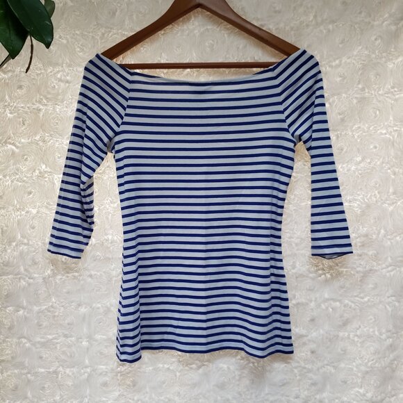 Old Navy Blue White Striped Off Shoulder Stretchy Top nautical Coastal Medium M - Picture 1 of 3